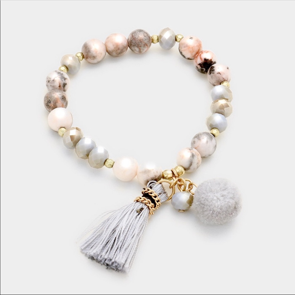 Multi Beaded Tassel Pom Pom Stretch Bracelet