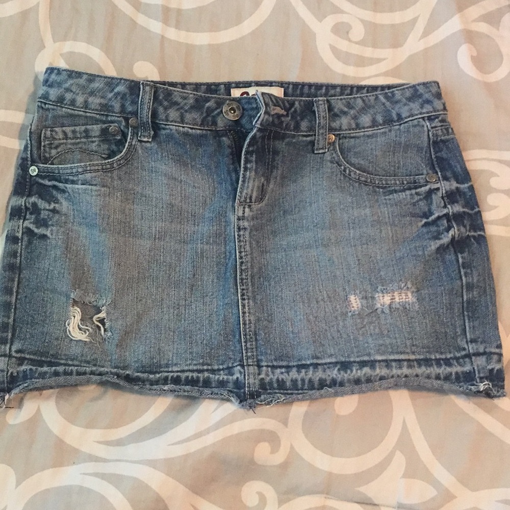 Distressed jean skirt!