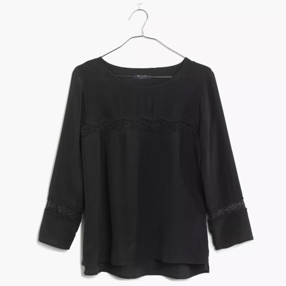 NEW MADEWELL Silk Lace-Inset Top Black Blouse $108 Insert