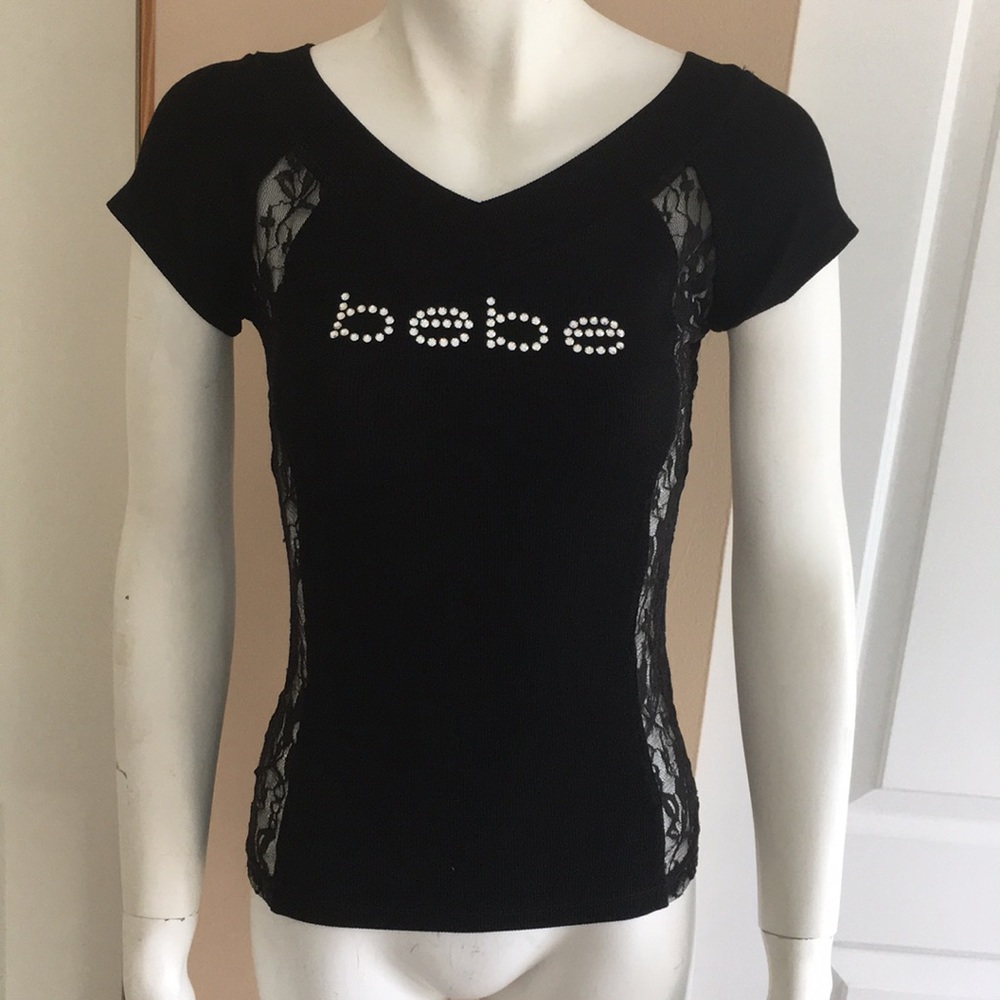 BEBE Rhinestone Logo lace shirt sz s