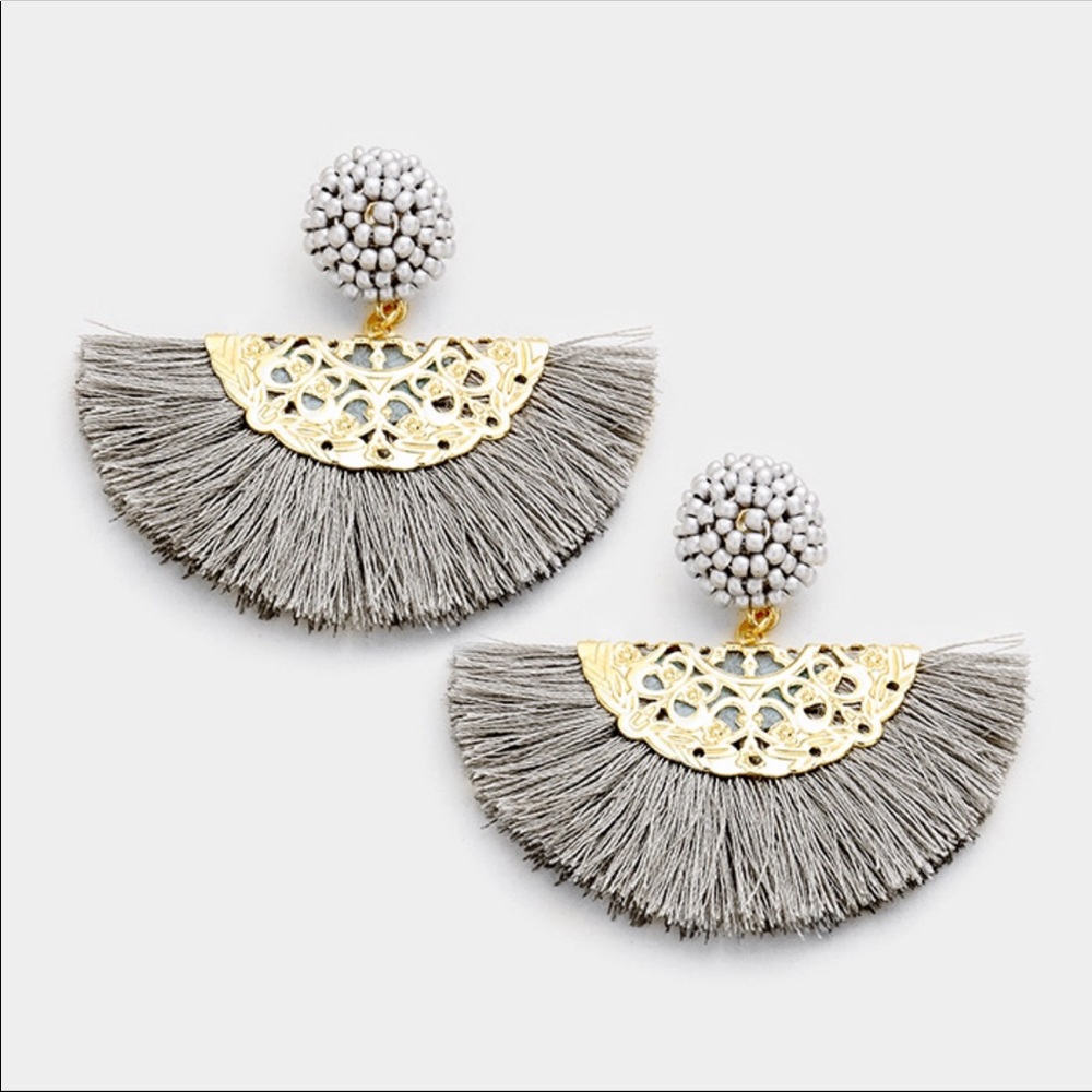 Seed Beaded Ball Fan Tassel Earrings