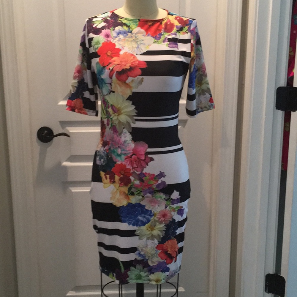 Floral and Stripe body con midi dress