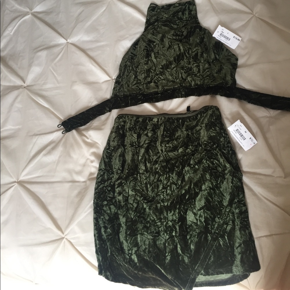 MYSTIQUE! Olive Green Velvet Two Piece Skirt & Top