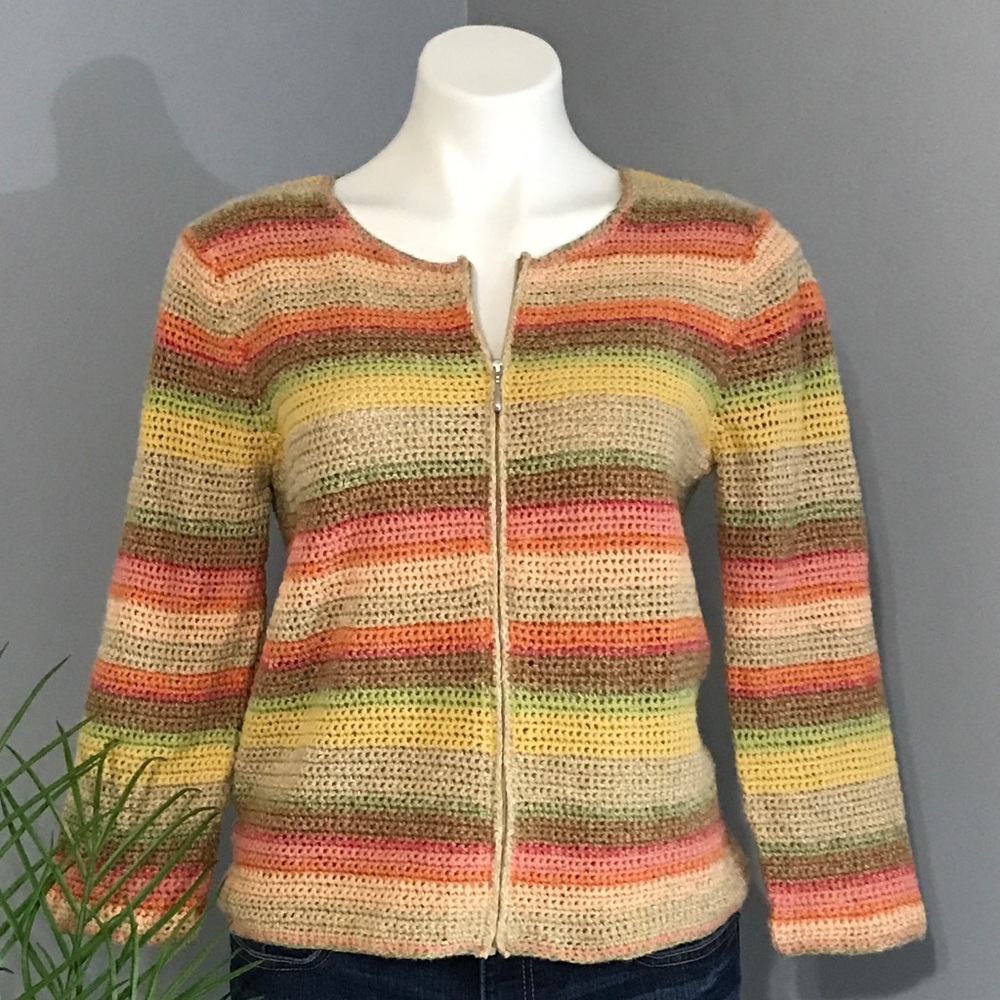 Talbots Hand Knit Chunky Striped Zippered Sweater