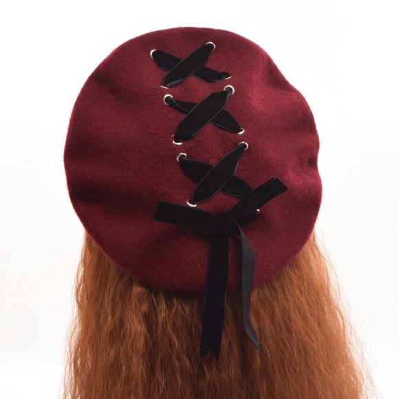 SOLD Wine Red Lace Up Beret - Picture 4 of 4