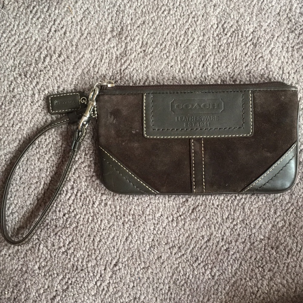 Brown suade/leather Coach clutch wristlet