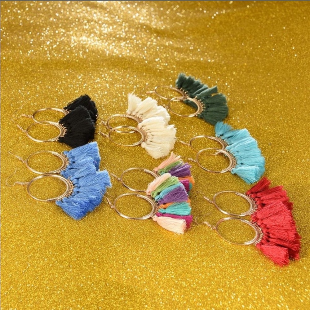 Large tassel fringe hoop earrings NWOT - Picture 2 of 8
