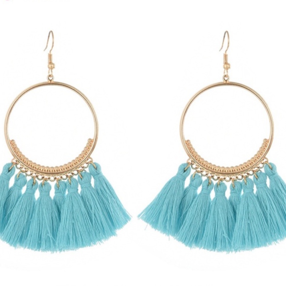 Large tassel fringe hoop earrings NWOT - Picture 5 of 8