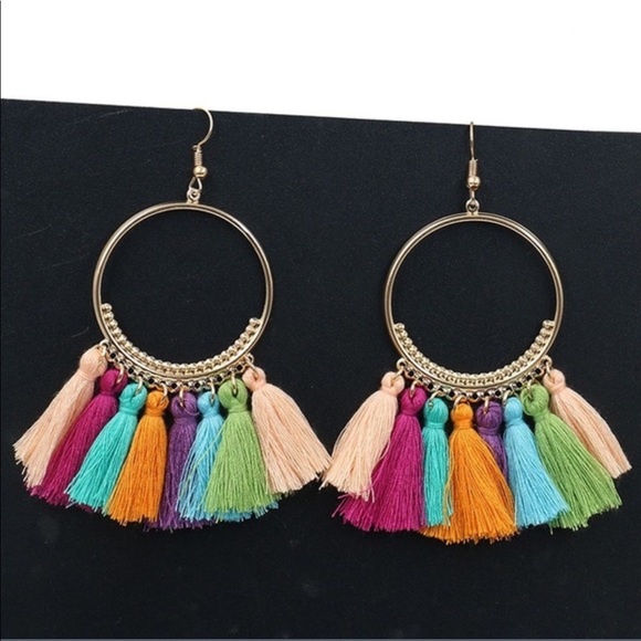 Large tassel fringe hoop earrings NWOT - Picture 6 of 8