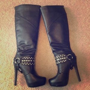 Black and gold heeled platform boots