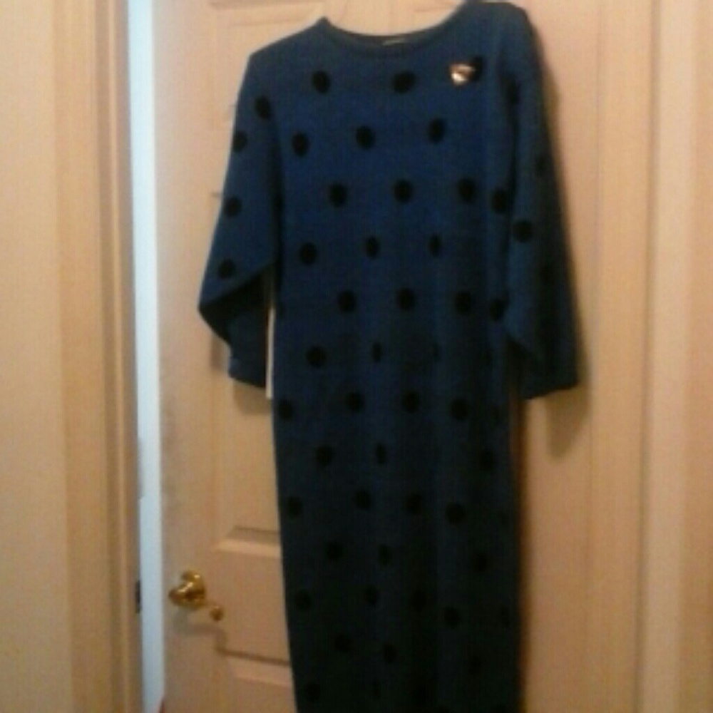 Ankle length Blue w/ black polka dot sweater dress