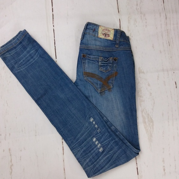 T Five lowrise  distress skinny blue jeans sz 0 - Picture 7 of 8