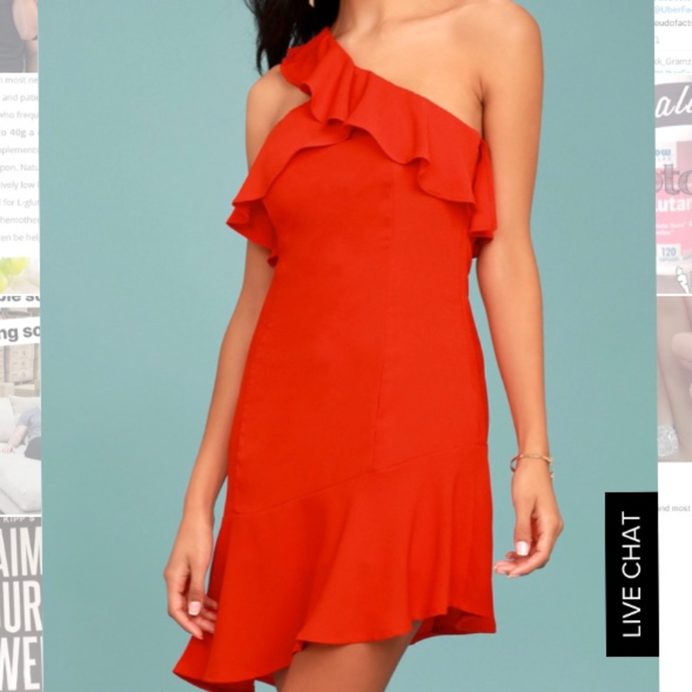Flowy one shoulder coral red party dress