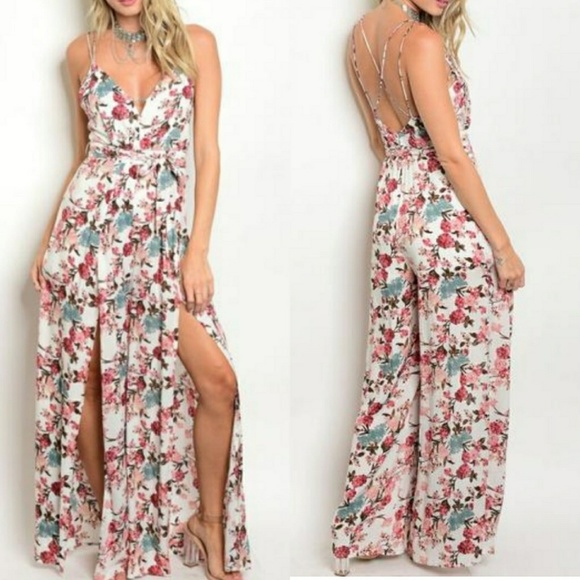 (MADELYN) Floral Wide Double Split Leg Jumpsuit - Picture 2 of 3