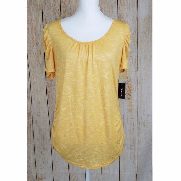 Knit Tee Top Blouse Ruched Short Sleeve & Side - Picture 1 of 5