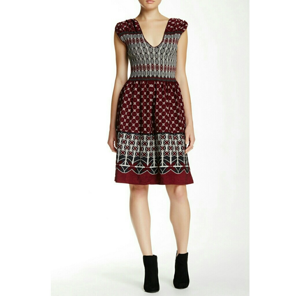 Max Studio Maroon Smocked Jacquard Print Dress s S