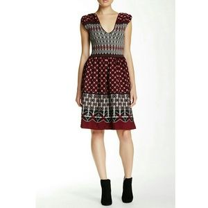 Max Studio Maroon Smocked Jacquard Print Dress s S