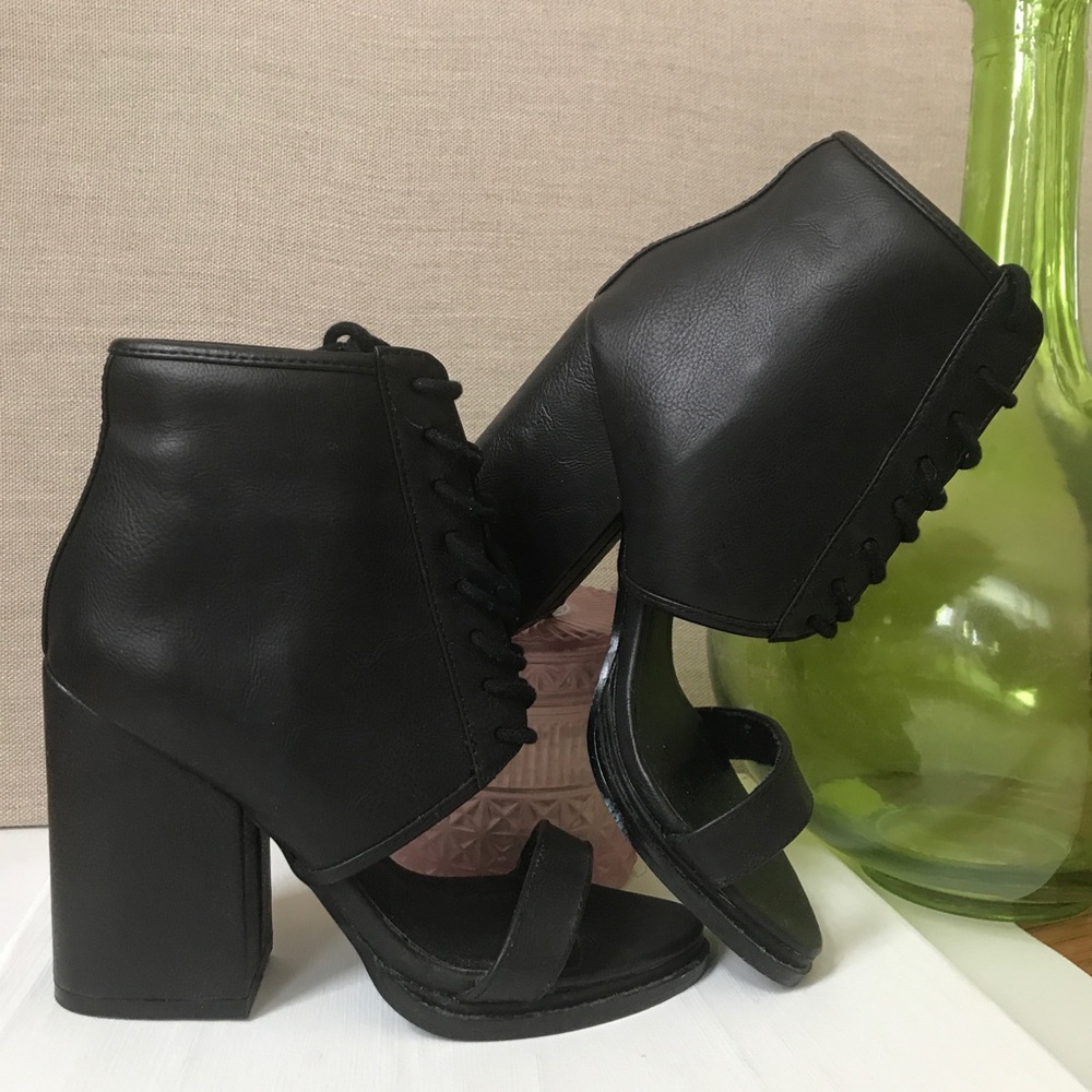 Edgy, vegan leather, lace up bootie.