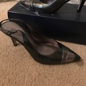 Grey metallic sling back heel