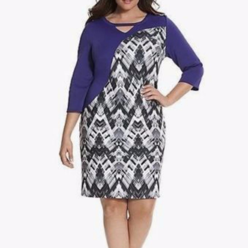 Sheath Dress Printed Colorblock Scuba 3/4 Sleeve