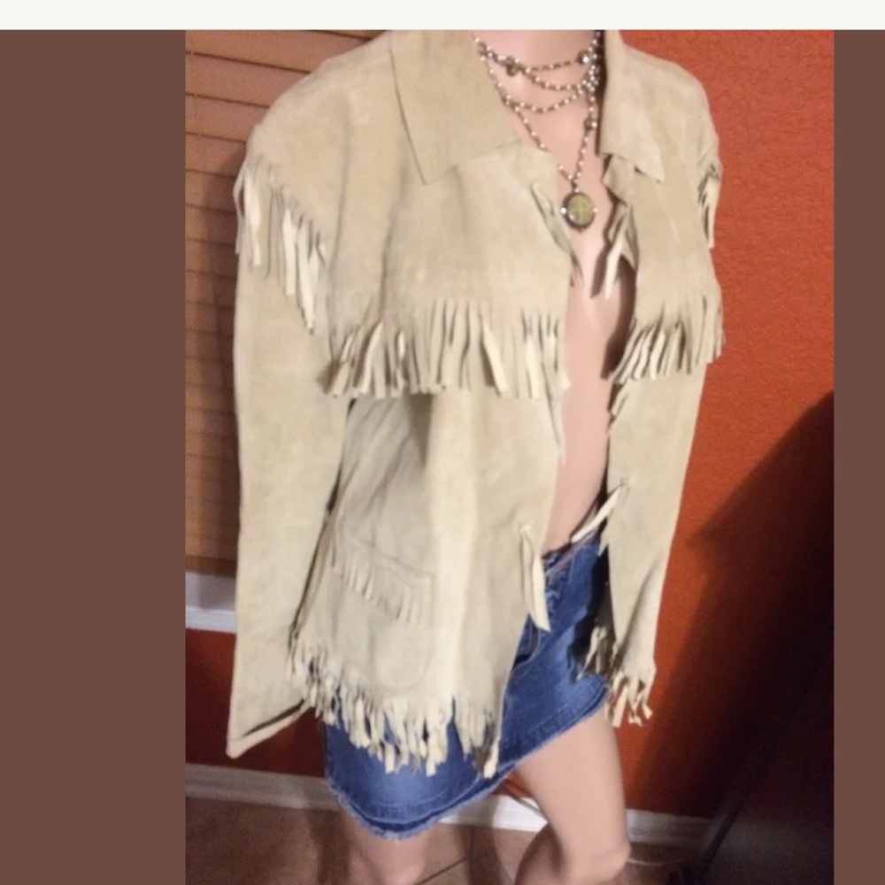 😍True Grit western fringe cowgirl suede leather jacket