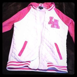 Pink hooded varsity jacket