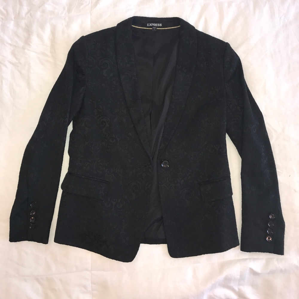 Express black on black Damask print suit coat