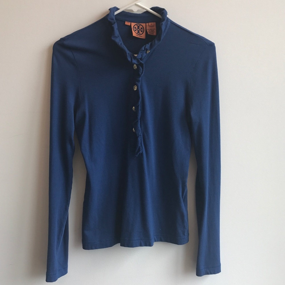 Tory Burch Ruffle Polo Long Sleeve Blue X Small