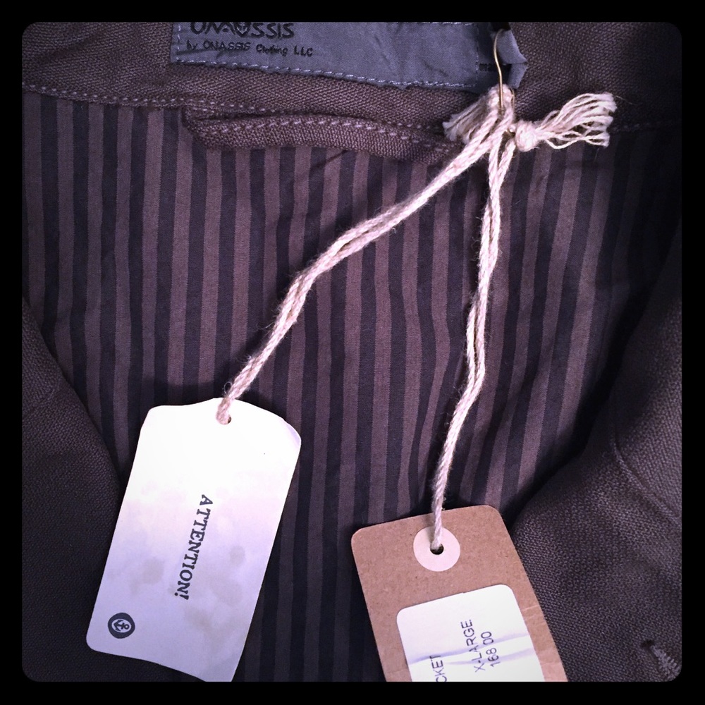 Onassis jacket button up tags on