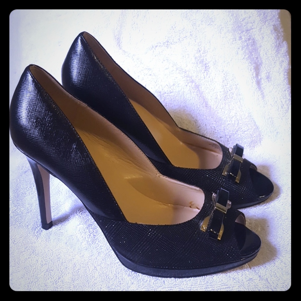 Marc Fisher black peep toe heels with bow