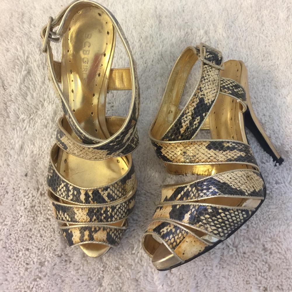 BCBG gold snake heels