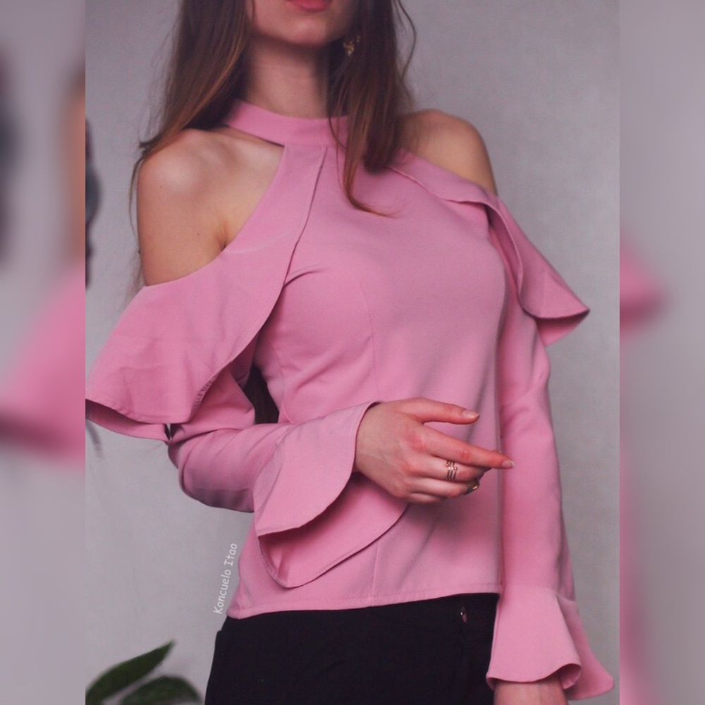 Ruffles halter neck off shoulder flare sleeve-pink