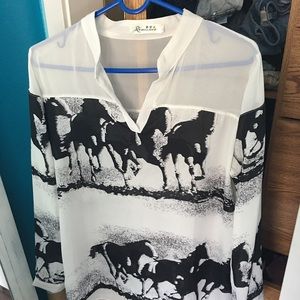 Sheer long sleeve horse blouse