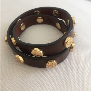 Tory Butch Leather Logo-Stud Double-Wrap Bracelet