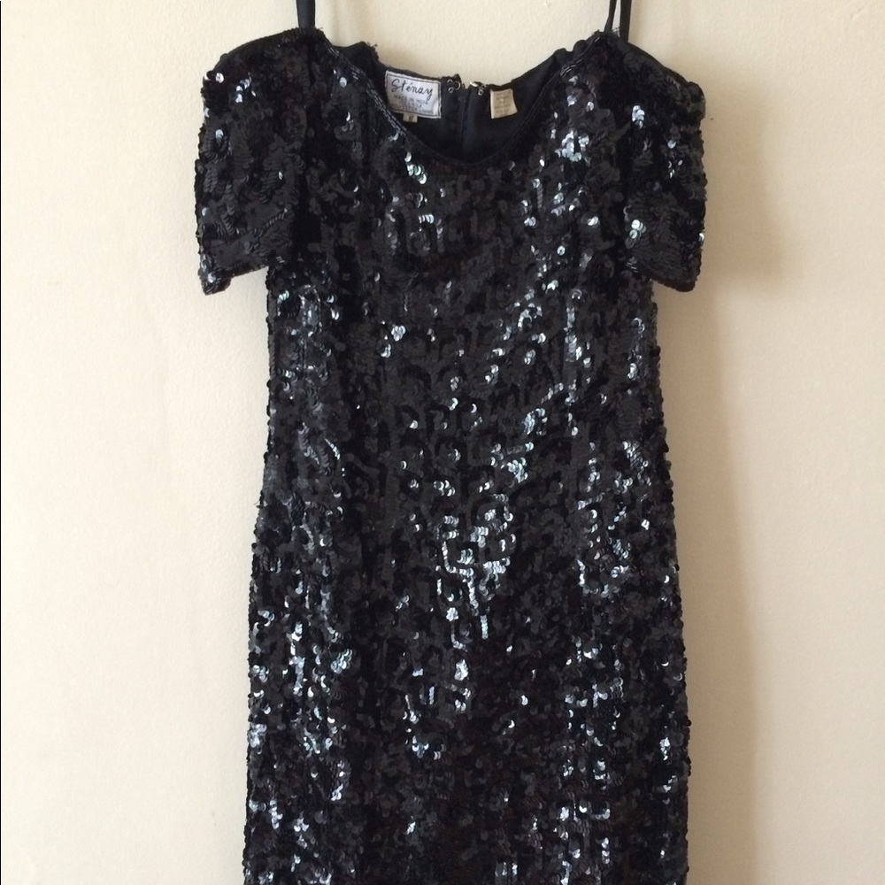 Black, knee length sequined dress