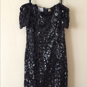 Black, knee length sequined dress