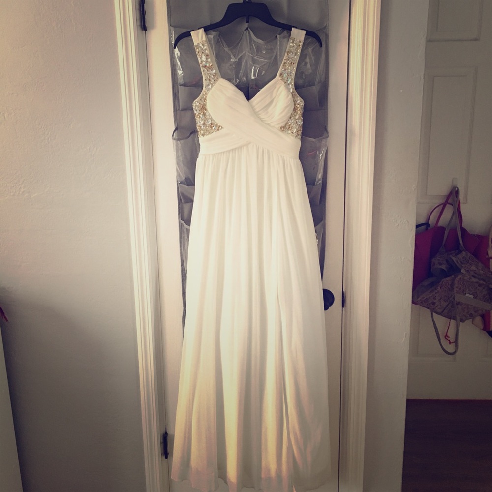 White and Gold Sequined Prom Dress
