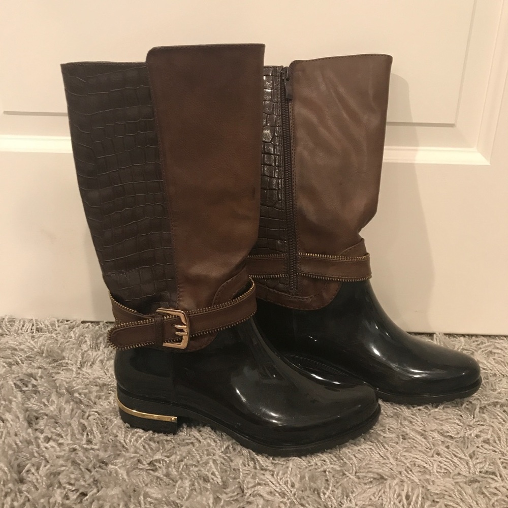 Brown rain boots