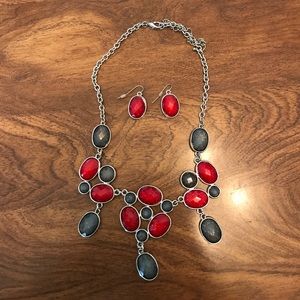 NWOT Red, Gray, & Silver Necklace/Earring Set