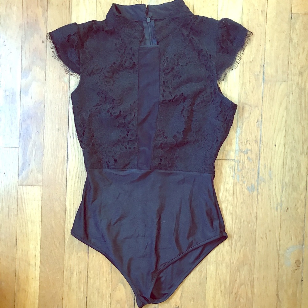 Lace bodysuit with peekaboo mesh front panel