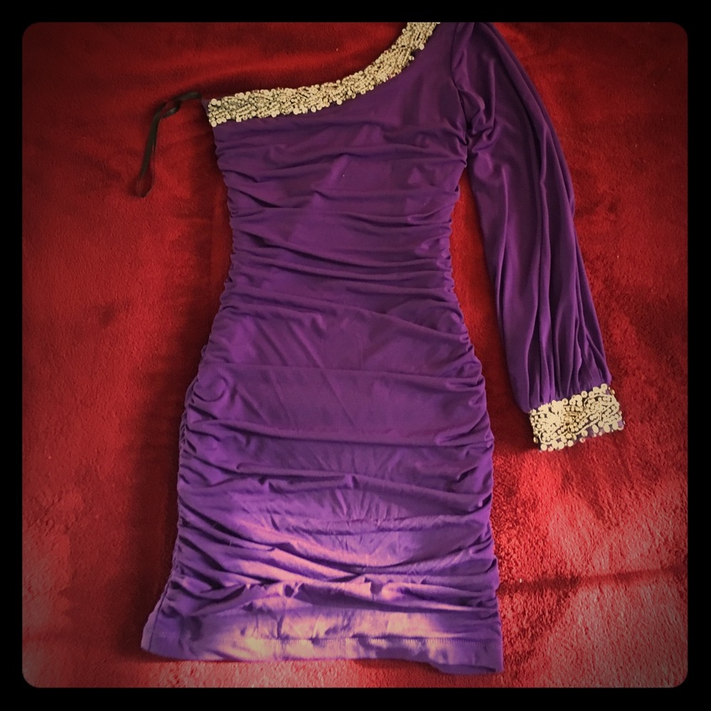 Purple Sequined Off the Shoulder Formal Dress