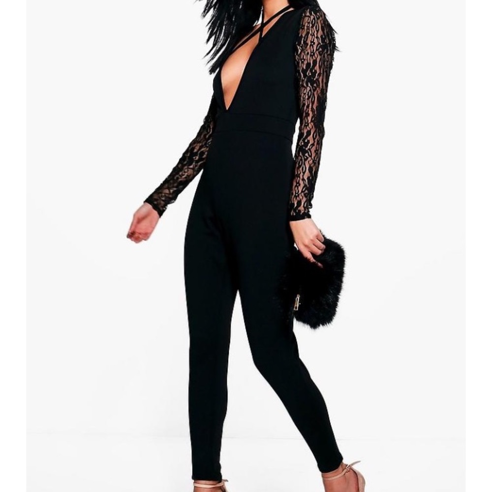 Black jumpsuit with lace sleeves