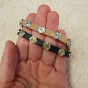 Set of 2 Leather Metal Coin Bracelets Magnetic