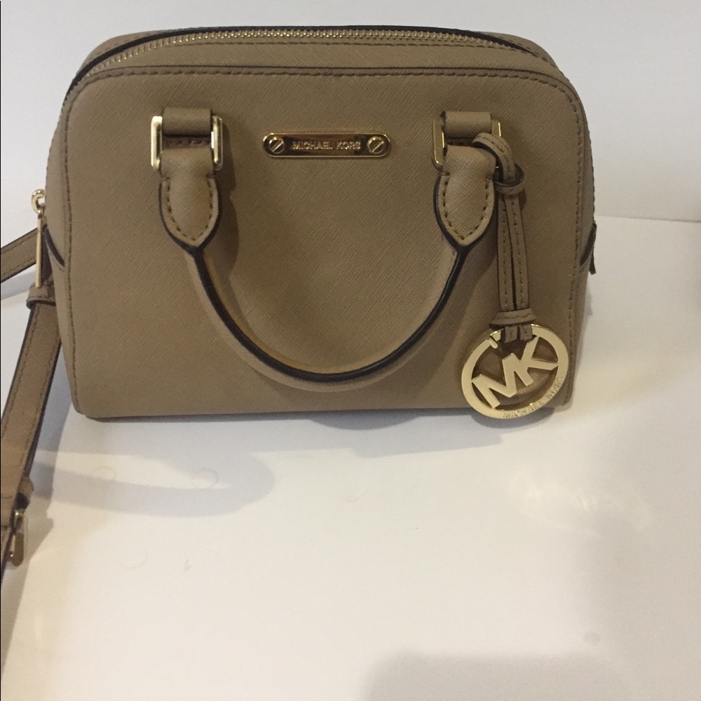 Small camel leather satchel bag with tags