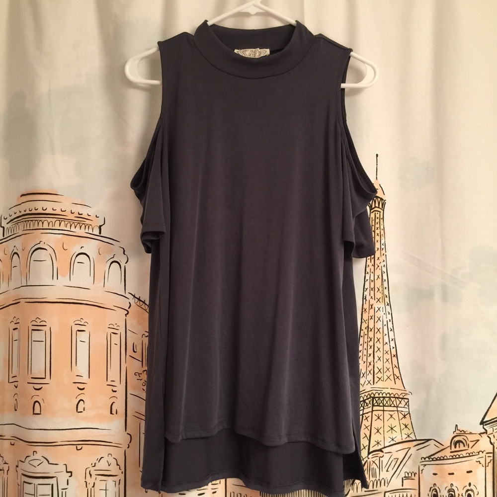 Blue High Neck Cold Shoulder Top