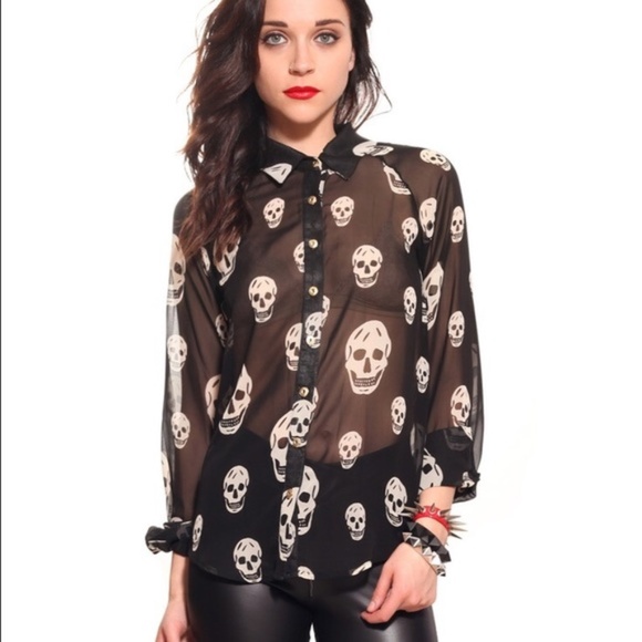 Haley Starr Tops - Skull Sheer Black White Button Down