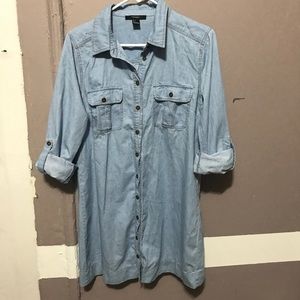 Light wash denim dress with bronze buttons