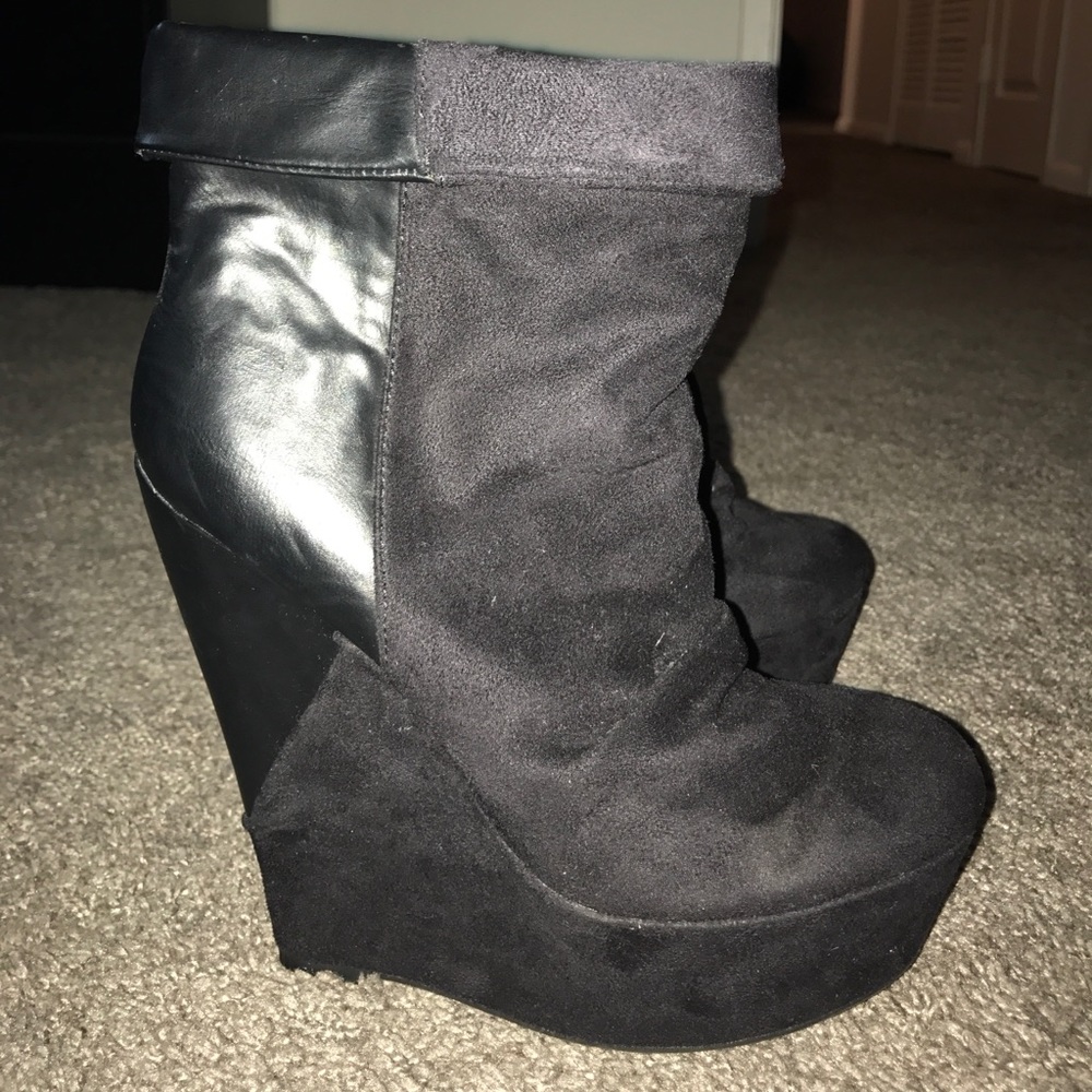 Black Suede/Leather Wedged Booties - Size 7