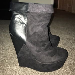 Black Suede/Leather Wedged Booties - Size 7