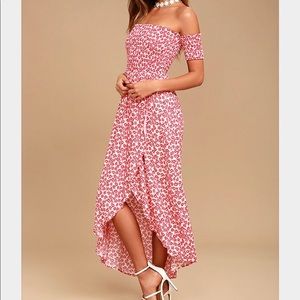 Red Floral Print off-the-shoulder dress.